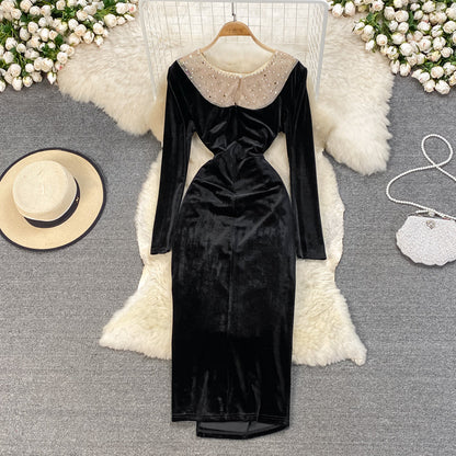 Black Velvet Long Sleeve Dress Fashion Dress  10929