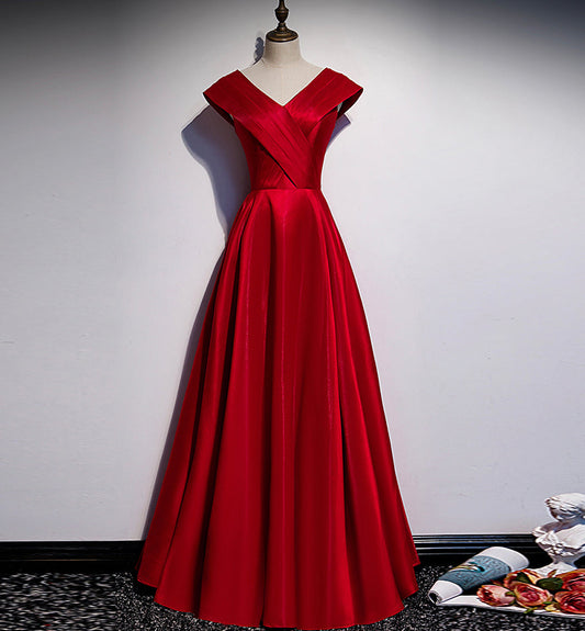 Burgundy v neck satin long prom dress evening dress  8384