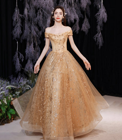 Gold tulle sequins long A line prom dress evening dress  8861