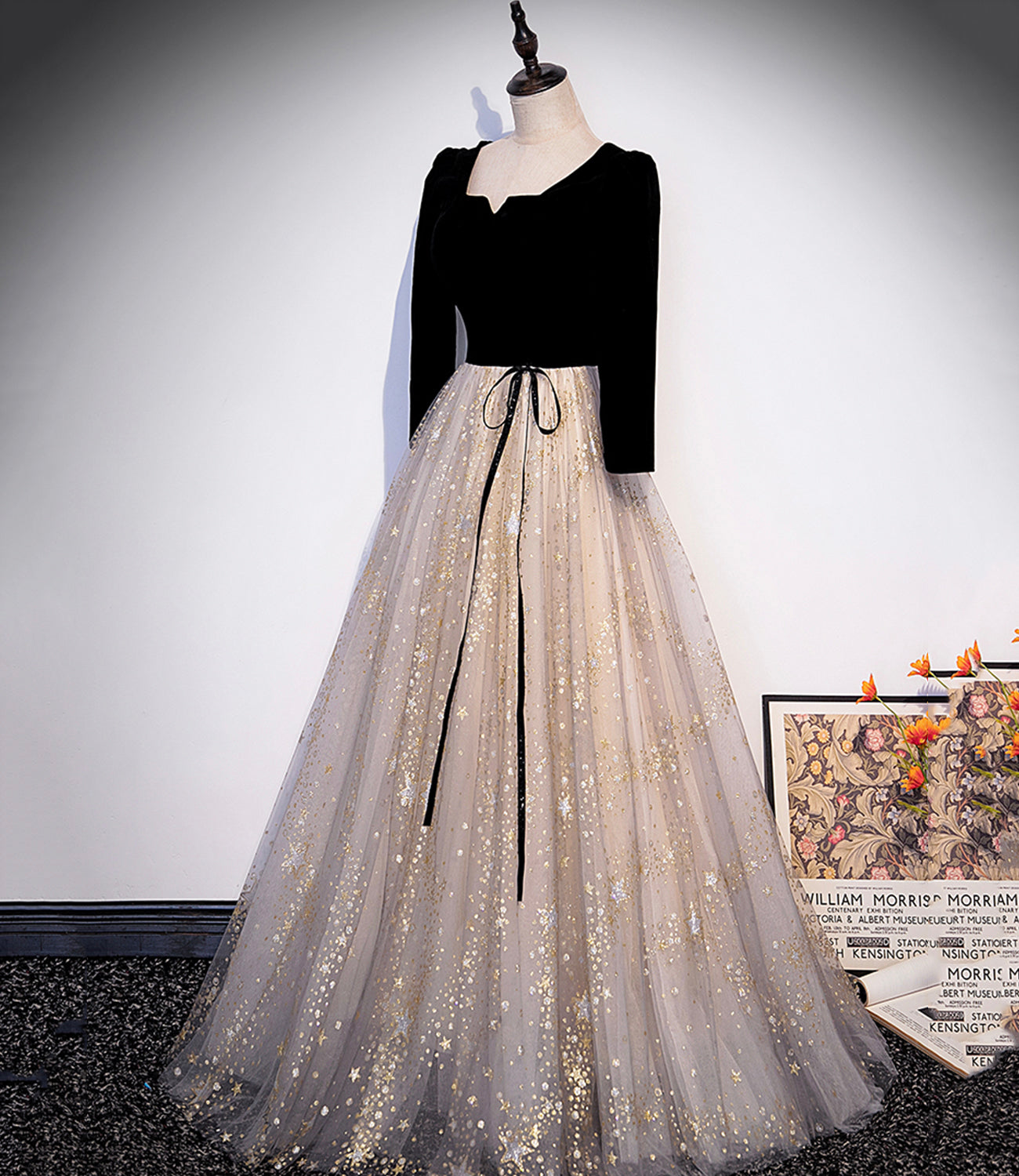 Black velvet tulle long prom dress A line evening gown  10237