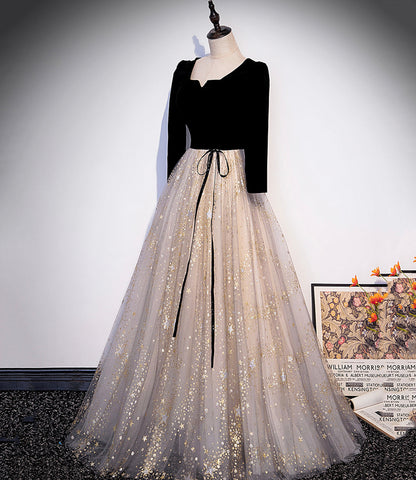 Black velvet tulle long prom dress A line evening gown  10237
