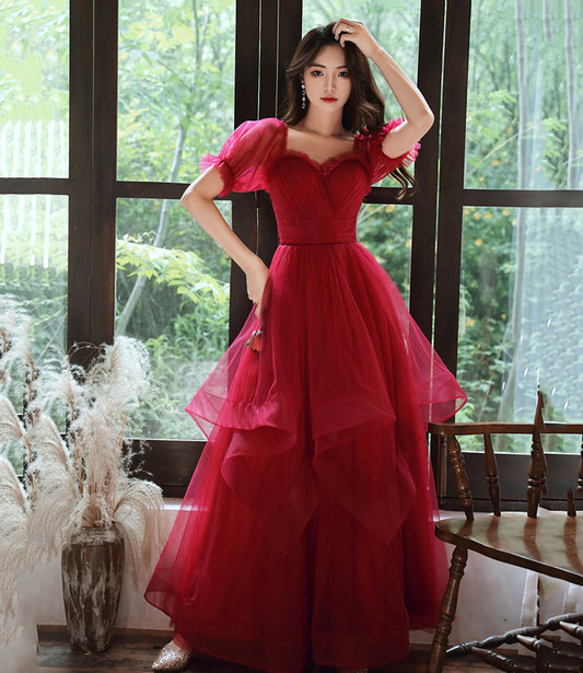 Burgundy tulle long prom dress evening gown  8959