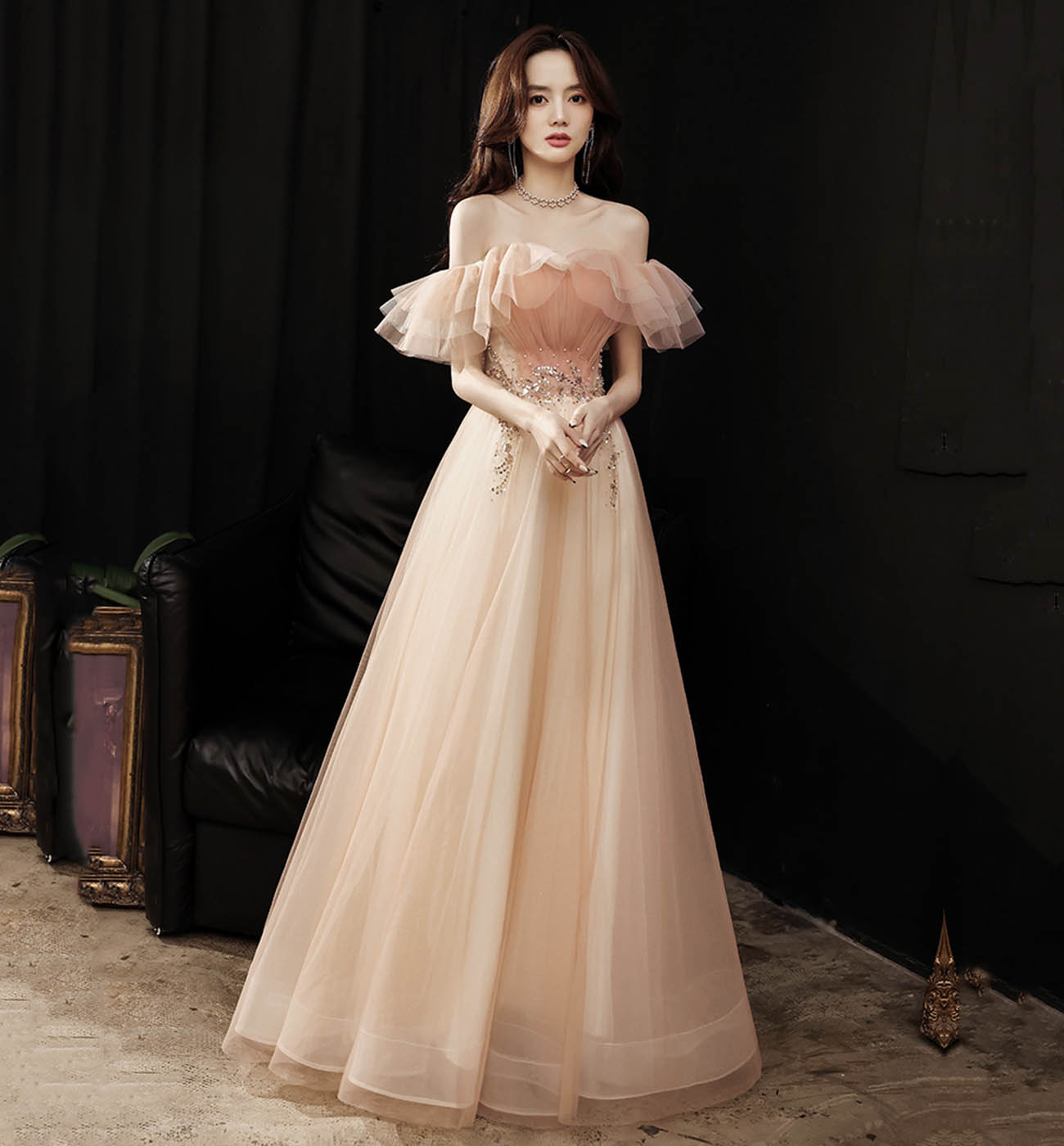 Pink tulle sequins long prom dress evening dress  8600