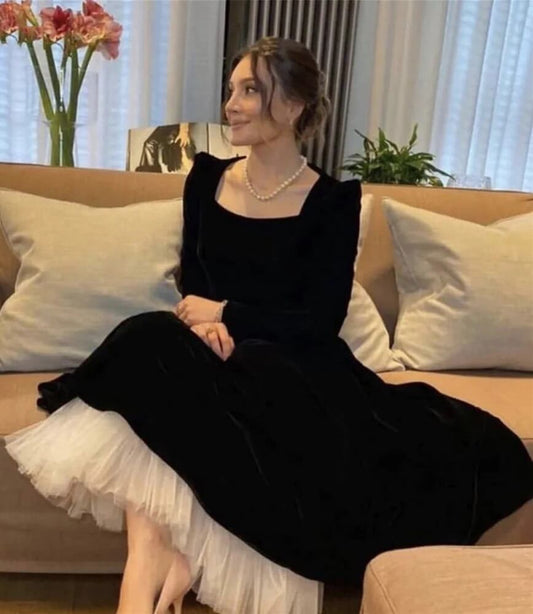 Vestidos de noche clásicos de terciopelo negro, corte A, mangas largas, vestido formal de fiesta para mujer