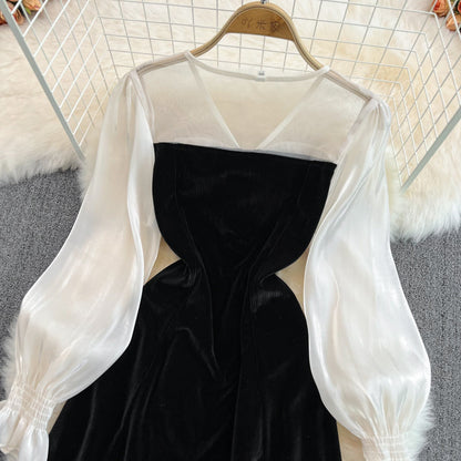 Cute V-Neck Bow Long Sleeve Dress Black Fashion Dress  10883