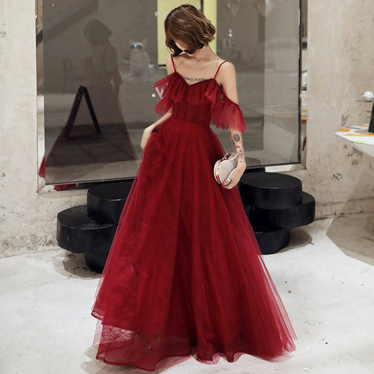 Burgundy lace long prom dress simple evening dress  8227
