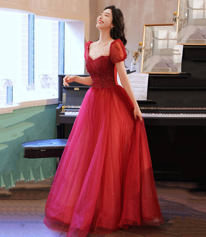 Burgundy tulle beads long prom dress evening gown  10315