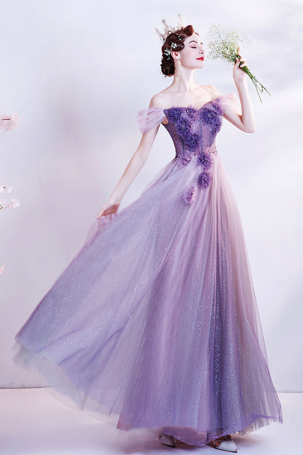 Purple tulle long A line prom dress evening dress  8740