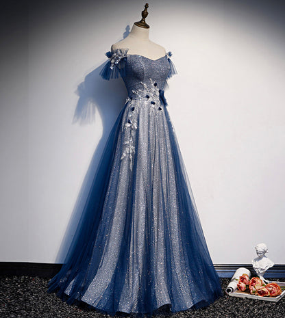 Shiny tulle sequins long prom dress blue evening dress  8429