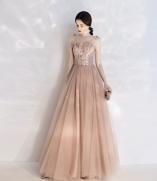 Stylish tulle lace long prom dress A line evening dress  10397