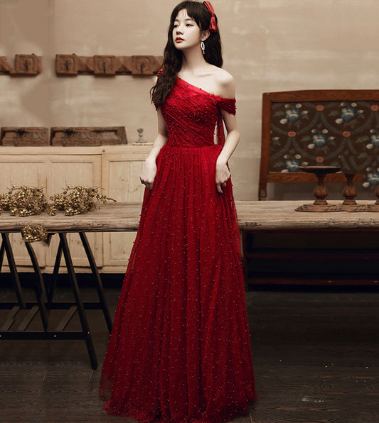 Burgundy tulle beads long prom dress one shoulder evening dress  8552