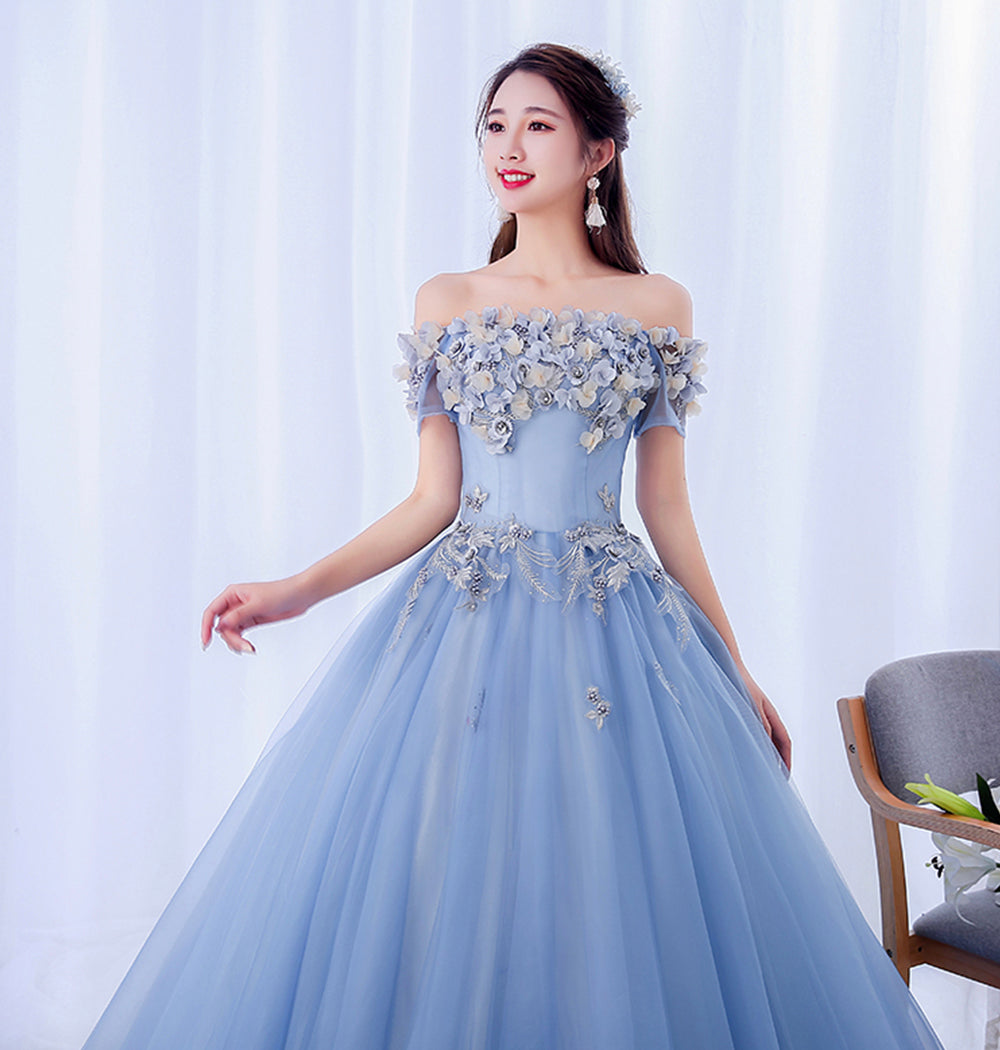 A line tulle applique long prom dress evening dress  8625