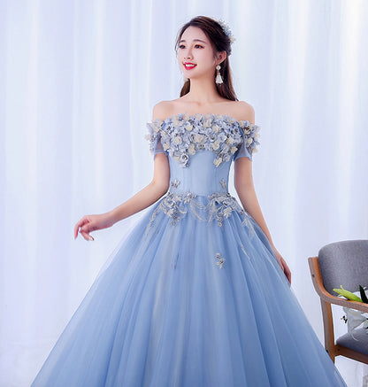 A line tulle applique long prom dress evening dress  8625