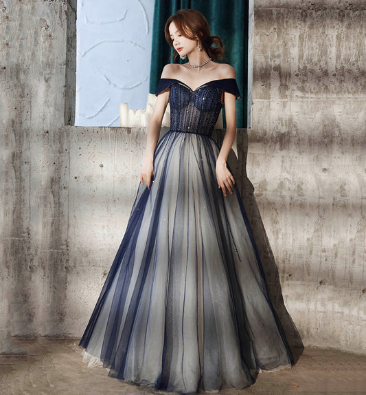 Blue tulle beads long prom dress blue evening dress  8612