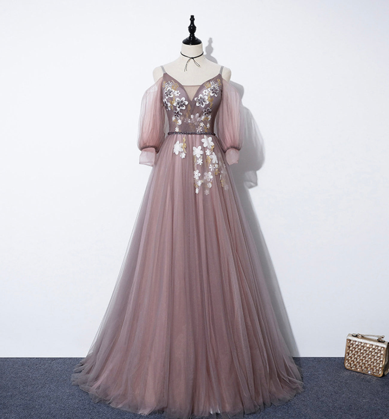 Cute v neck tulle long A line prom dress evening dress  8587