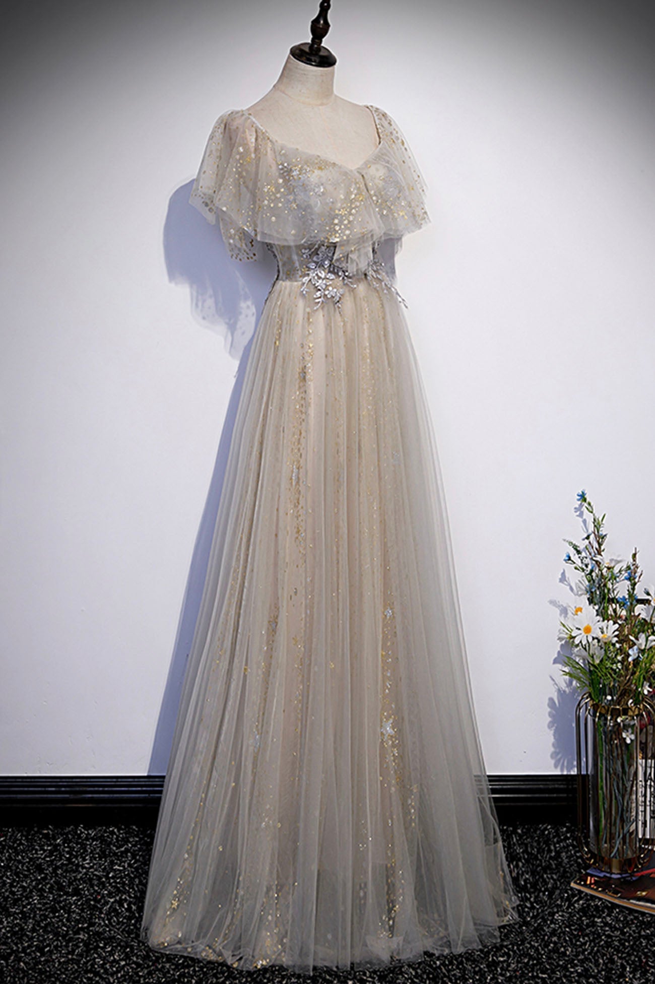 Cute tulle sequins long prom dress evening dress  10180