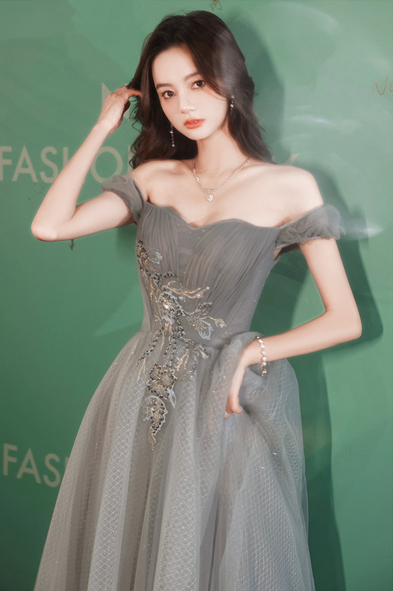 Gray tulle beads long prom dress gray evening dress  10521