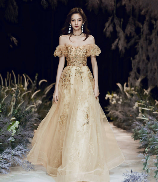 Gold tulle sequins long prom dress A line evening dress  8880