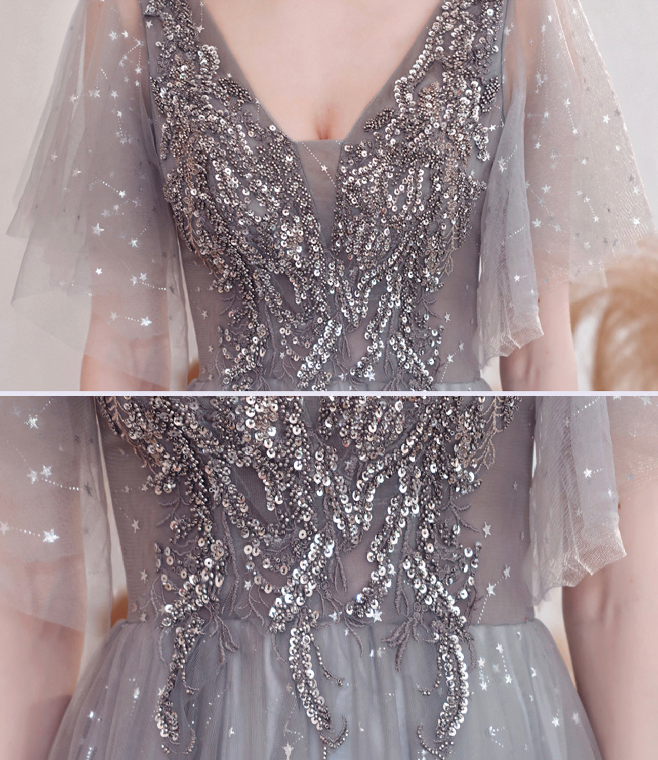 Gray tulle sequins long prom dress A line evening dress  10528