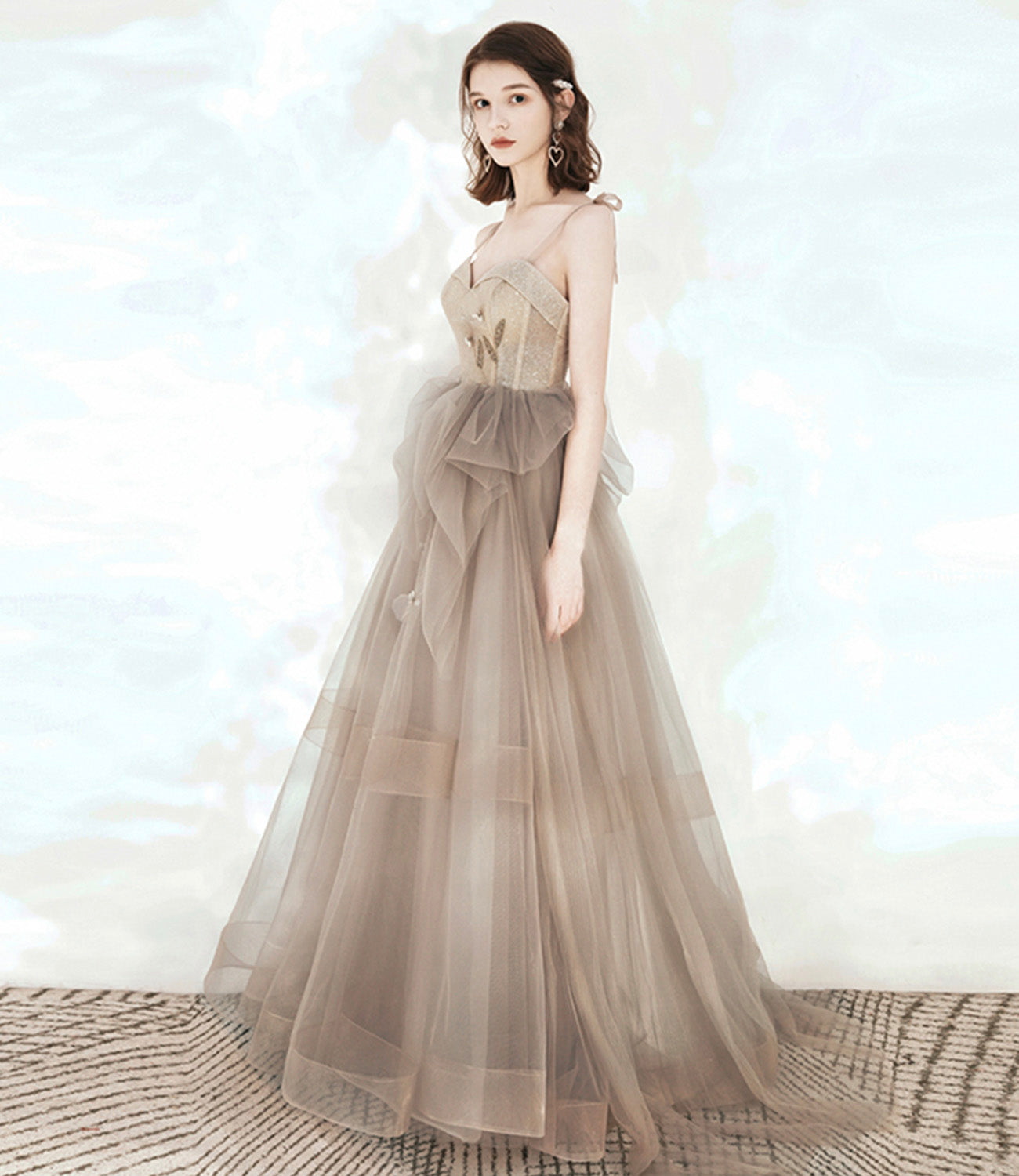 Cute tulle sequins long prom dress A line evening dress  10546