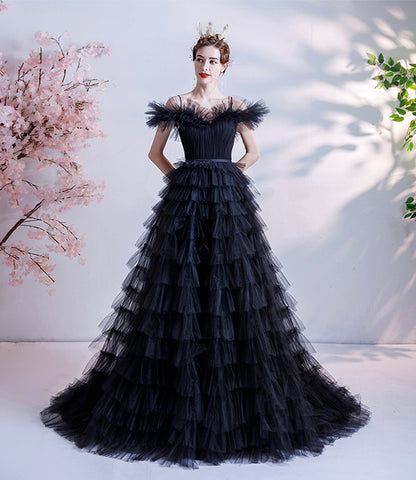 Black tulle long A line prom dress black evening dress  8924