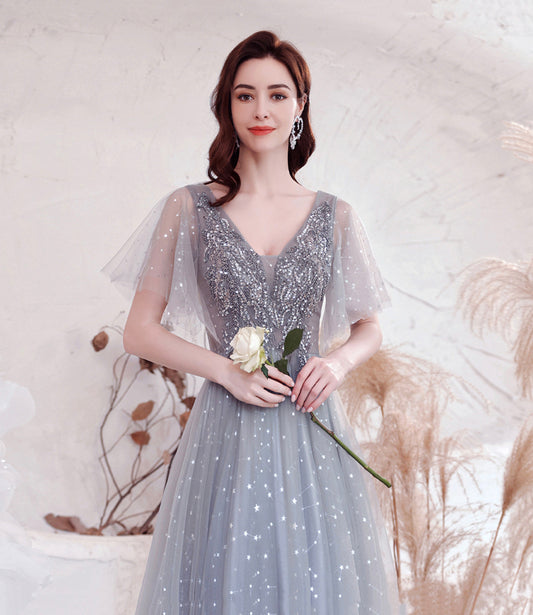 Gray tulle sequins long prom dress A line evening dress  10528