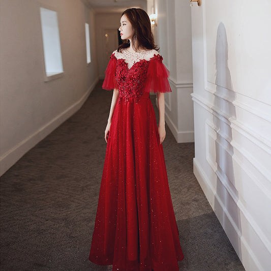Red tulle lace long prom dress red evening dress  8231