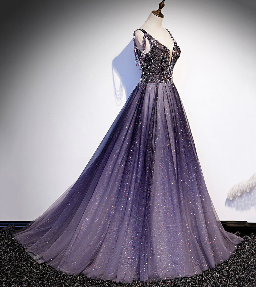 Purple v neck tulle beads long prom dress evening dress  8556