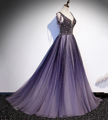 Purple v neck tulle beads long prom dress evening dress  8556