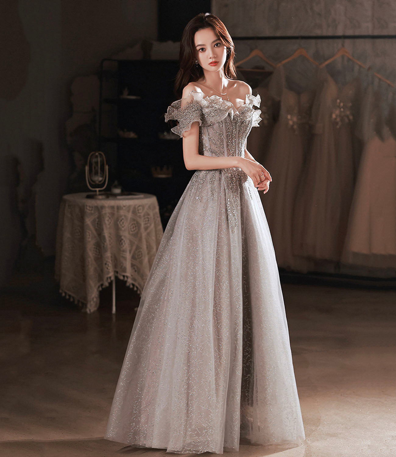 Gray tulle sequins long prom dress A line evening dress  10627