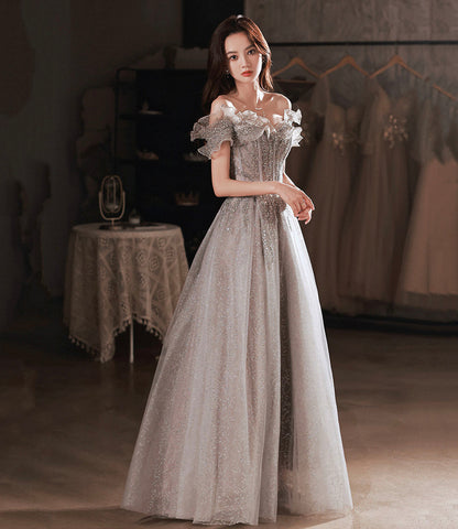Gray tulle sequins long prom dress A line evening dress  10627