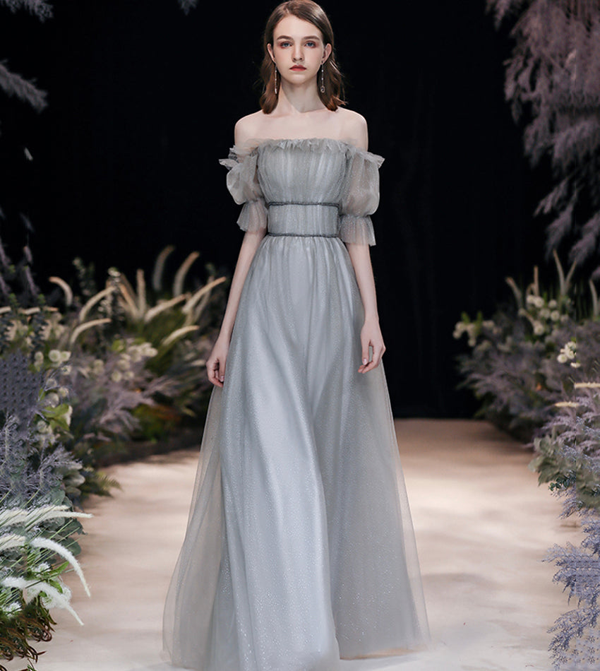 Grey tulle long prom dress grey evening dress  8557