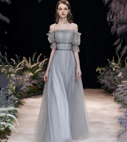 Grey tulle long prom dress grey evening dress  8557
