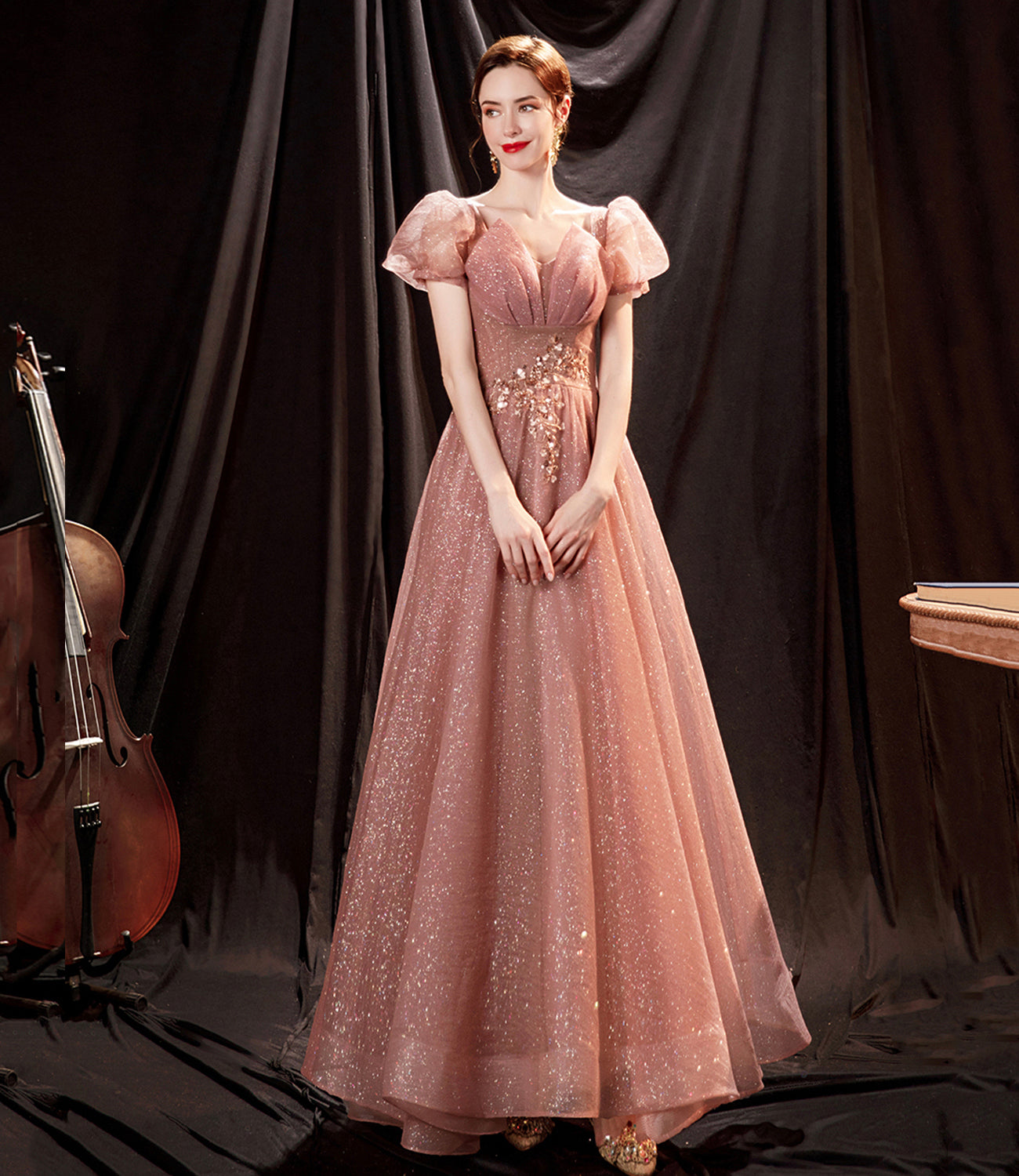 Pink tulle sequins long prom dress pink evening dress  10650