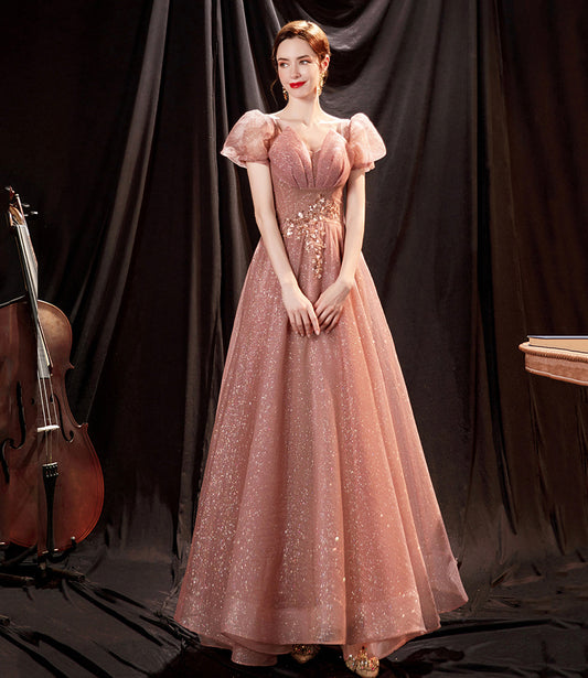 Pink tulle sequins long prom dress pink evening dress  10650
