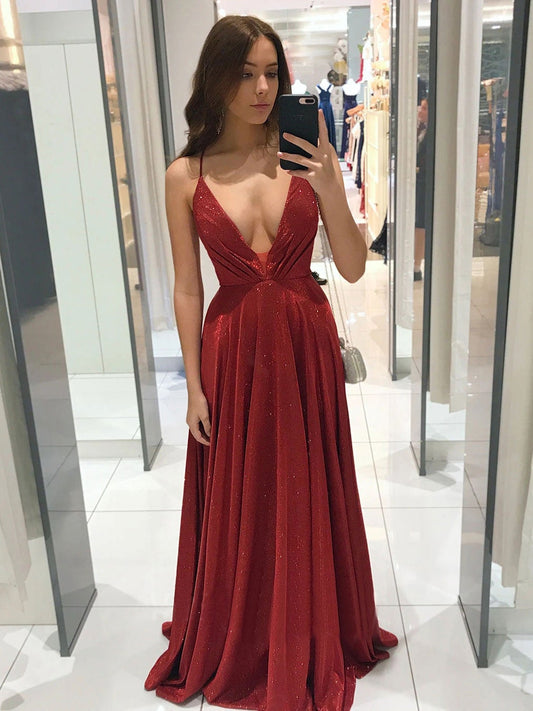 Vestido de fiesta largo sencillo con escote en V y corte A, vestido de noche color burdeos