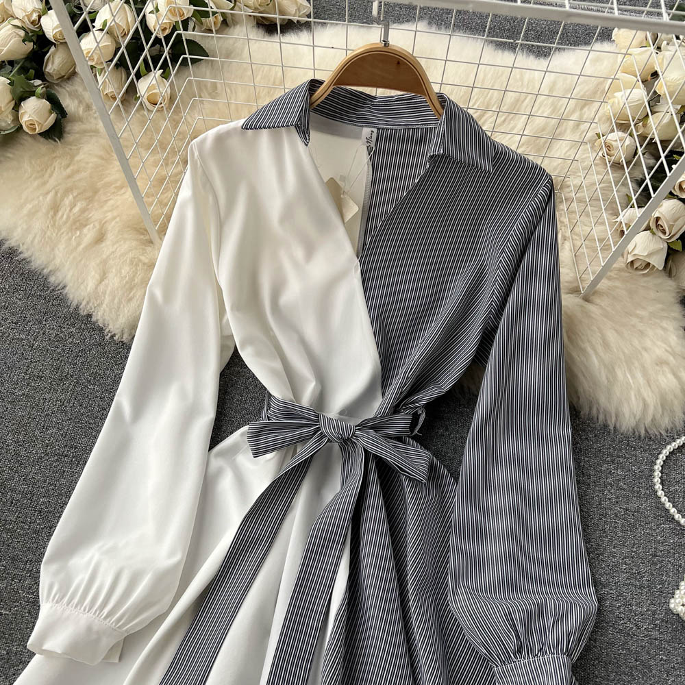 Fashionable Striped Long-Sleeved Irregular Dress  10752