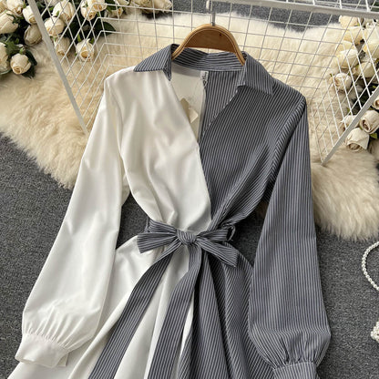 Fashionable Striped Long-Sleeved Irregular Dress  10752