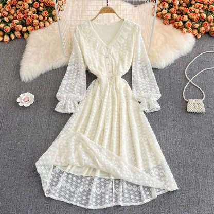 Champagne V Neck Lace Long Dress Fashion Dress  10957
