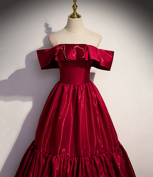 Red satin off shoulder elegant simple long ball gown A-line evening dress 10019