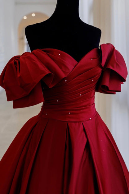 Burgundy Vintage Fashion Exquisite Beading A-Line Long Satin Ball Gown Evening Dress 8720