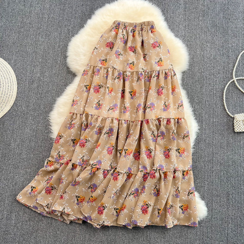 Small fresh high waist thin medium long floral skirt  11290