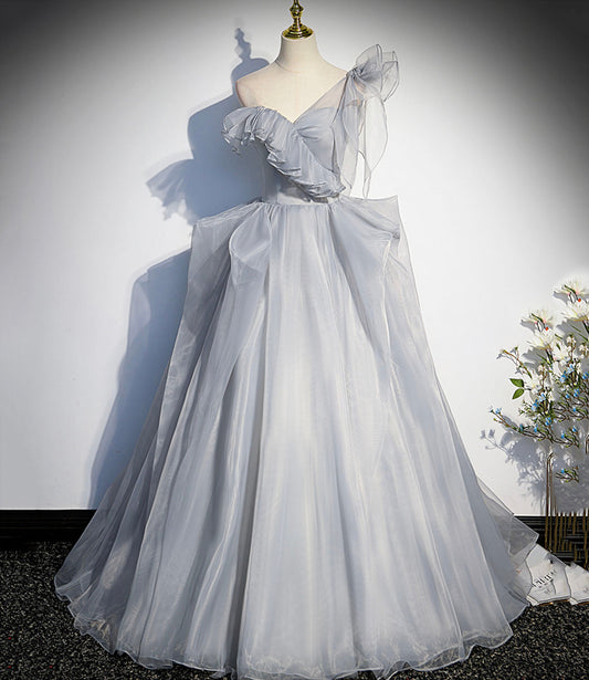 Gray tulle long ball gown dress A line evening gown  10273