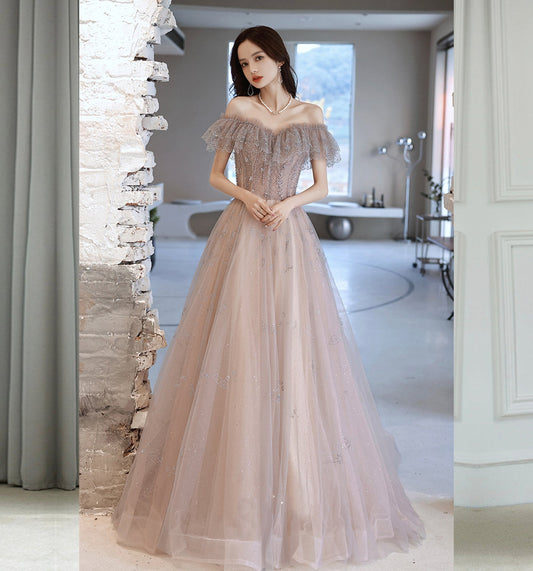 Cute tulle sequins long prom dress evening dress  8643