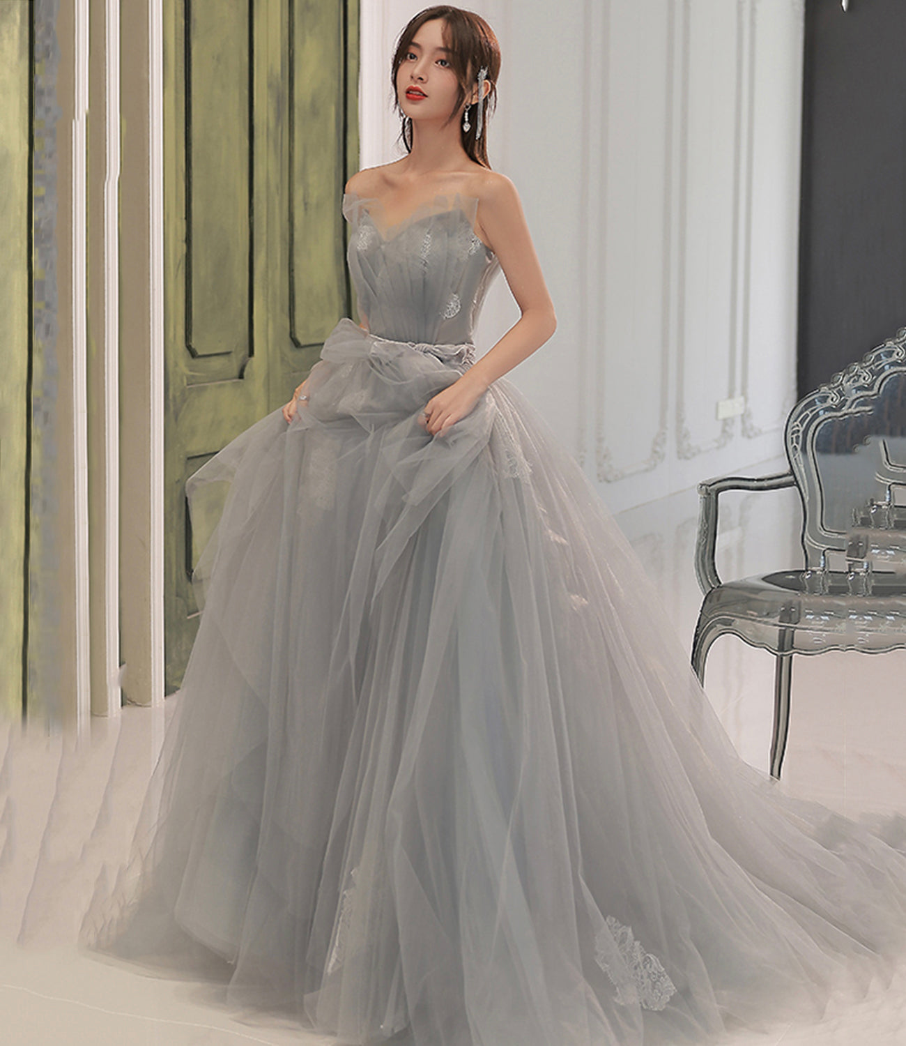 Gray tulle lace long prom dress A line evening gown  10131