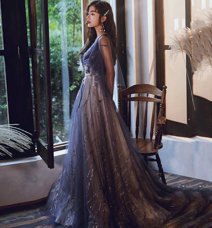 Blue v neck tulle lace long prom dress evening dress  8475