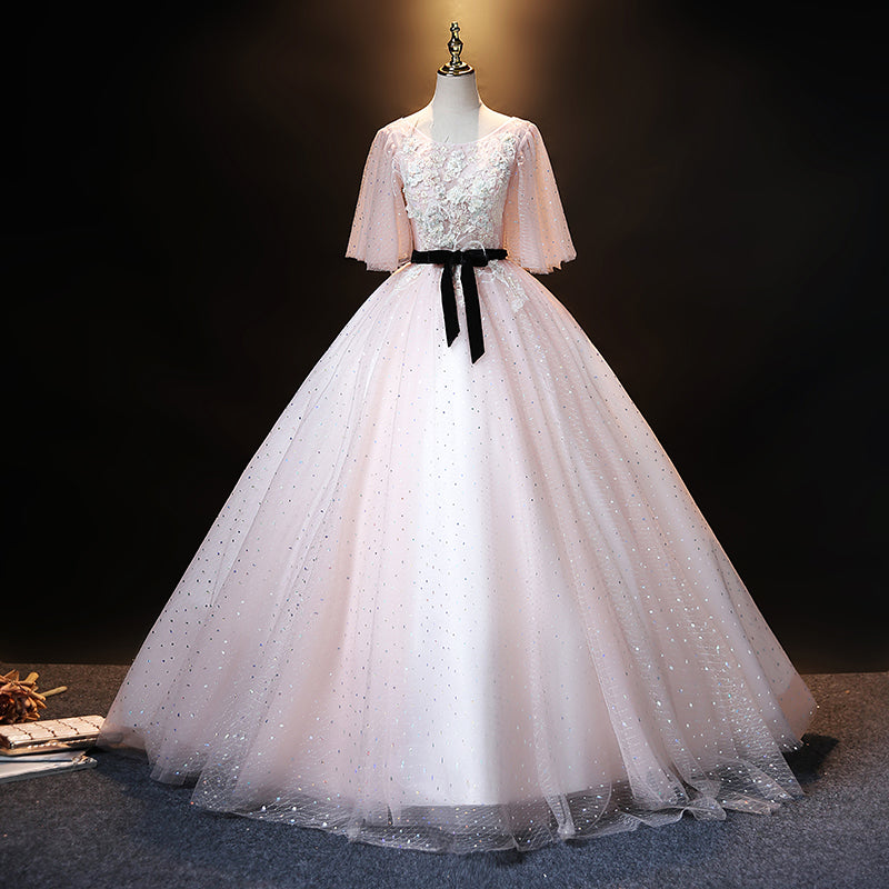 Pink tulle lace long ball gown dress formal dress  8908