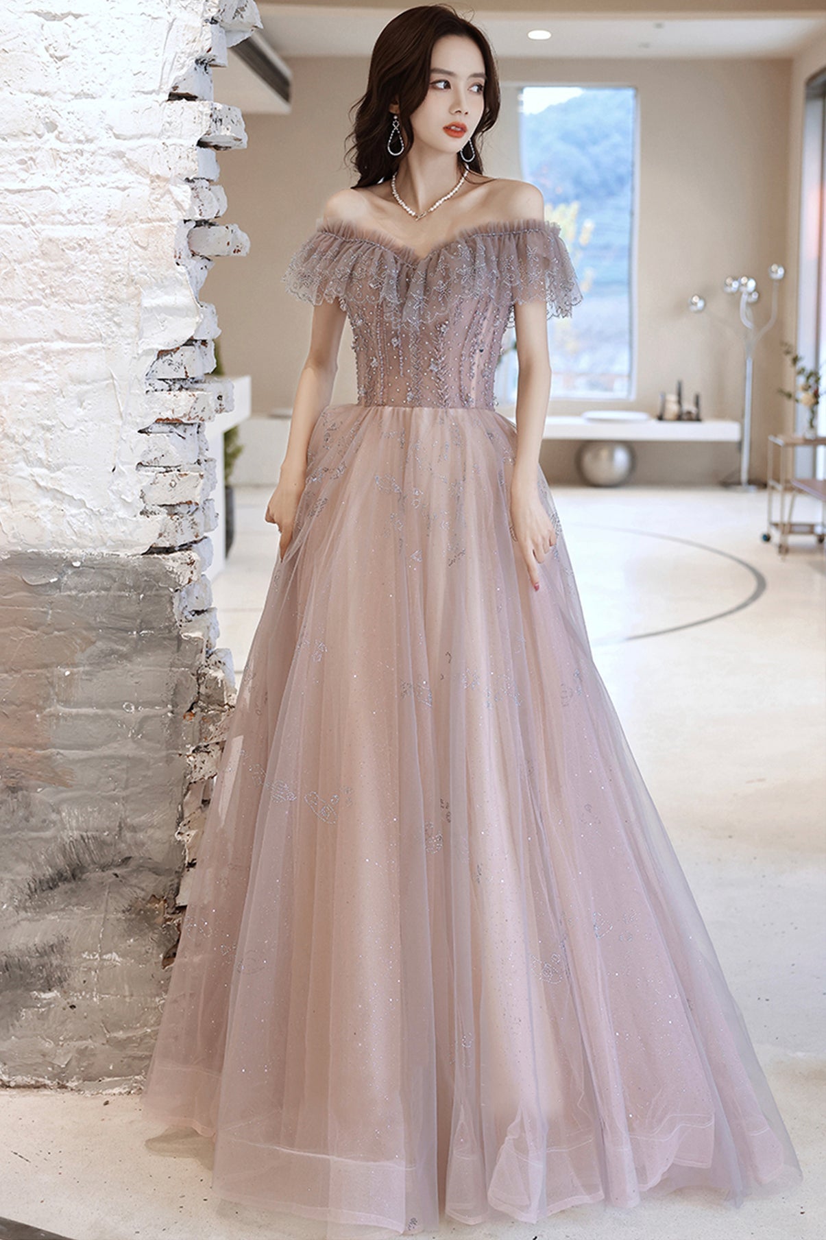 Cute tulle sequins long prom dress evening dress  8643