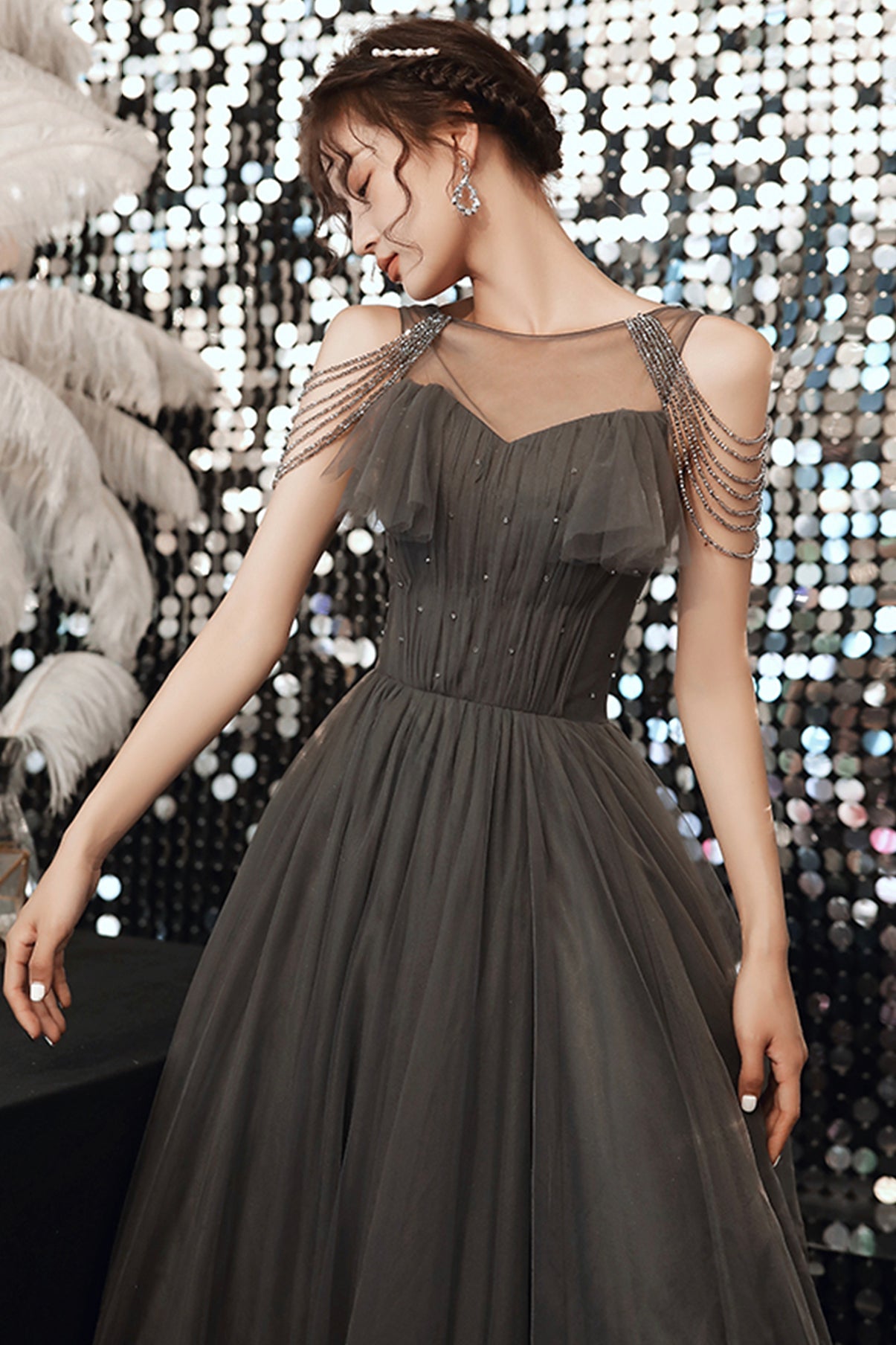 Gray tulle long A line prom dress evening dress  8672