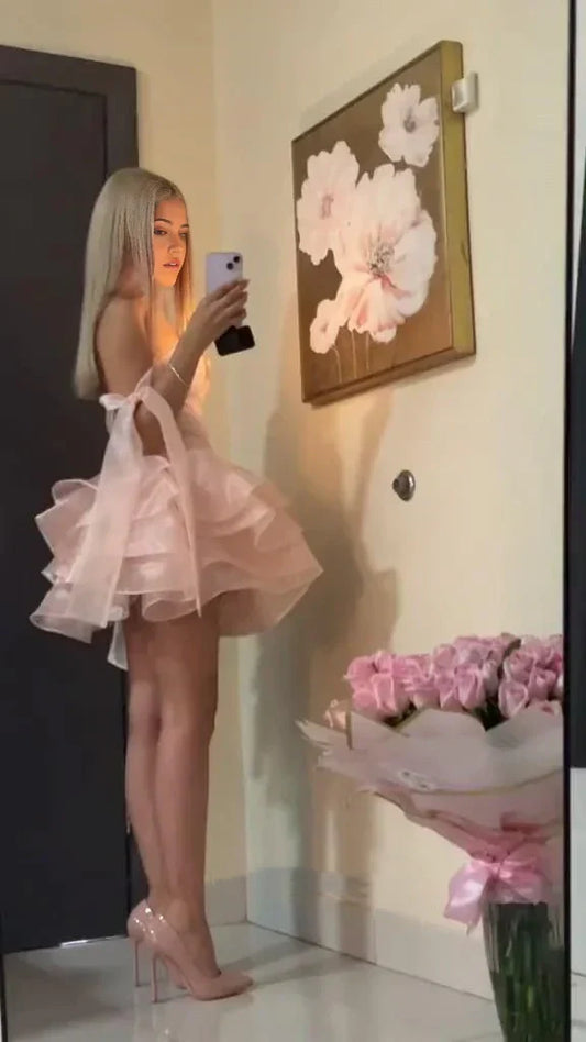 Vintage Pink Sweetheart Tulle A-line Strapless Homecoming Dress TP3770